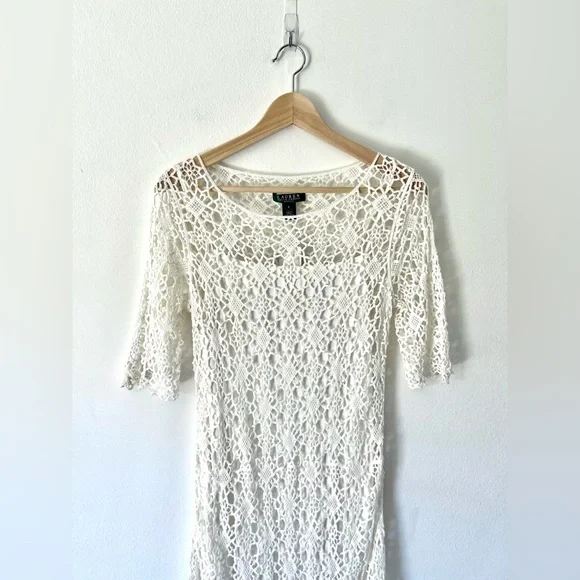 Lauren Ralph Lauren Ivory Crochet Cotton Half Sleeve Dress Size 6 NWT - Picture 2 of 11